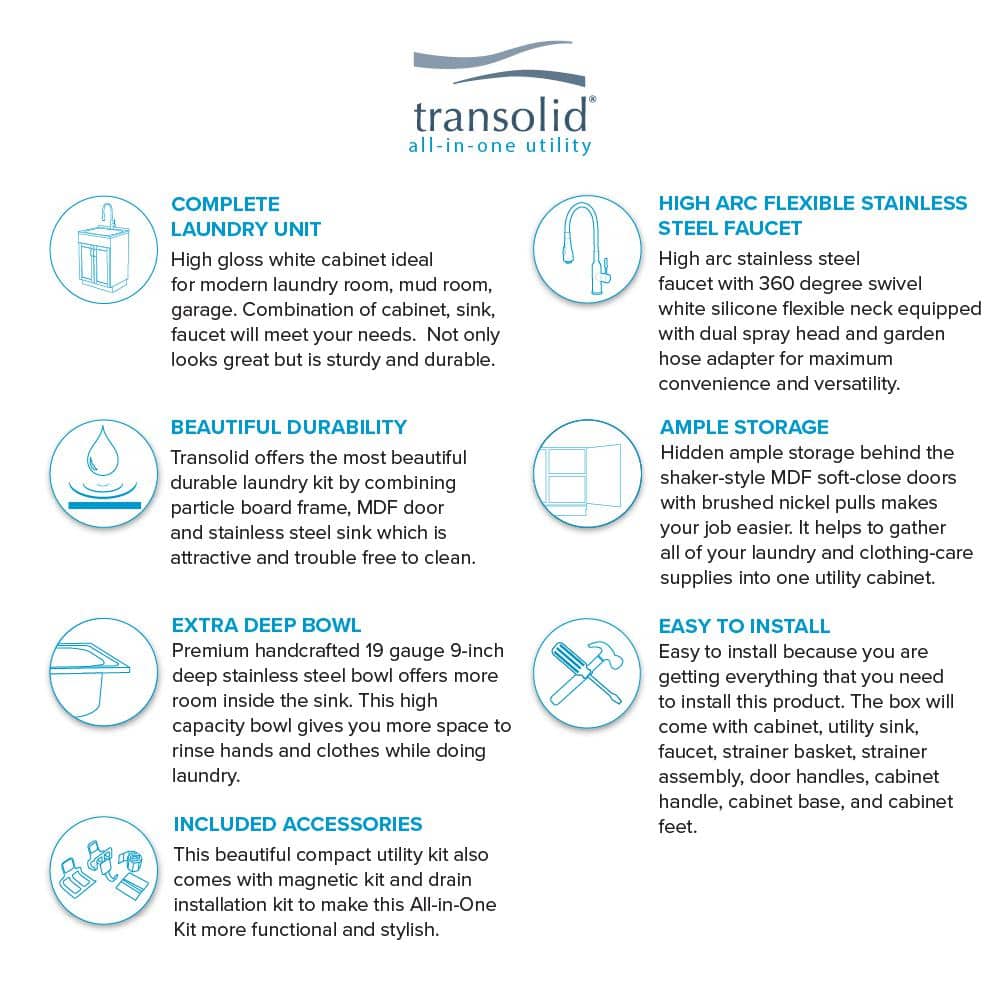 Transolid All-in-One 23.6 in. x 19.7 in. x 34.6 in. Particle Board Utility Sink and Cabinet with Faucet and Accessory Kit