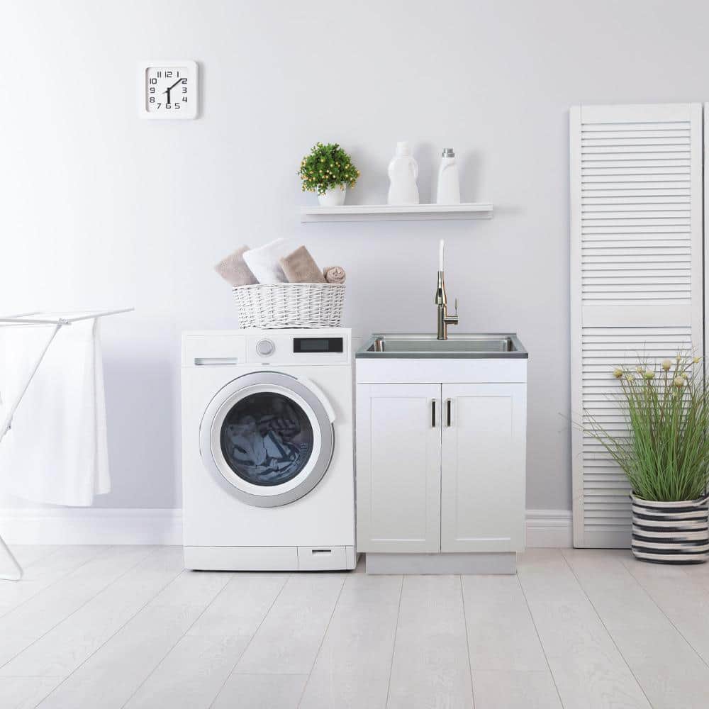 Transolid All-in-One 23.6 in. x 19.7 in. x 34.6 in. Particle Board Utility Sink and Cabinet with Faucet and Accessory Kit