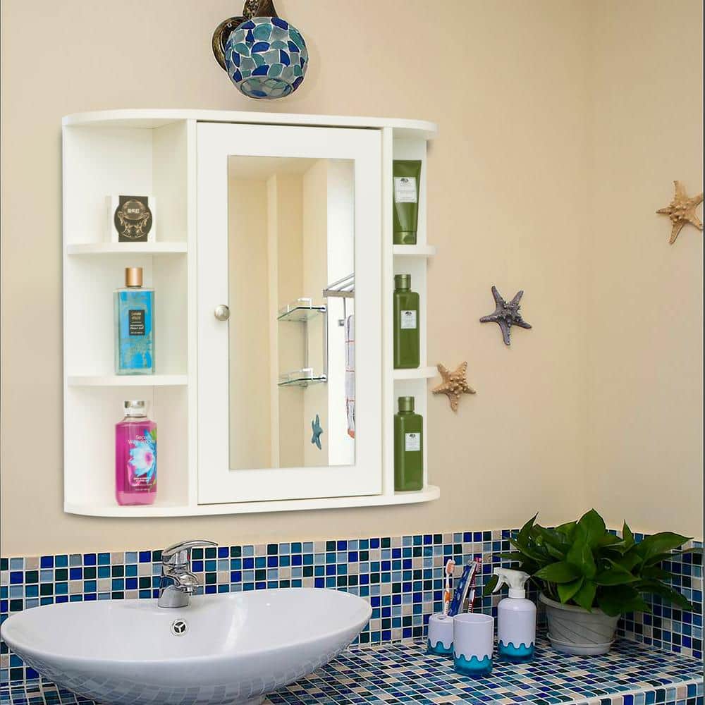 Basicwise 26 in. x 25 in. Surface Mount Medicine Cabinet Storage Organizer, Mirrored Vanity Chest with Open Shelves