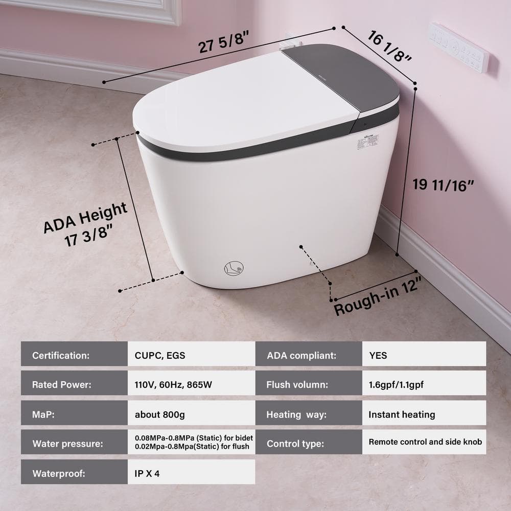 Unbranded 1.6/1.1 GPF ADA Smart Toilet Bidet with Auto Open/Close & UV-C Disinfection