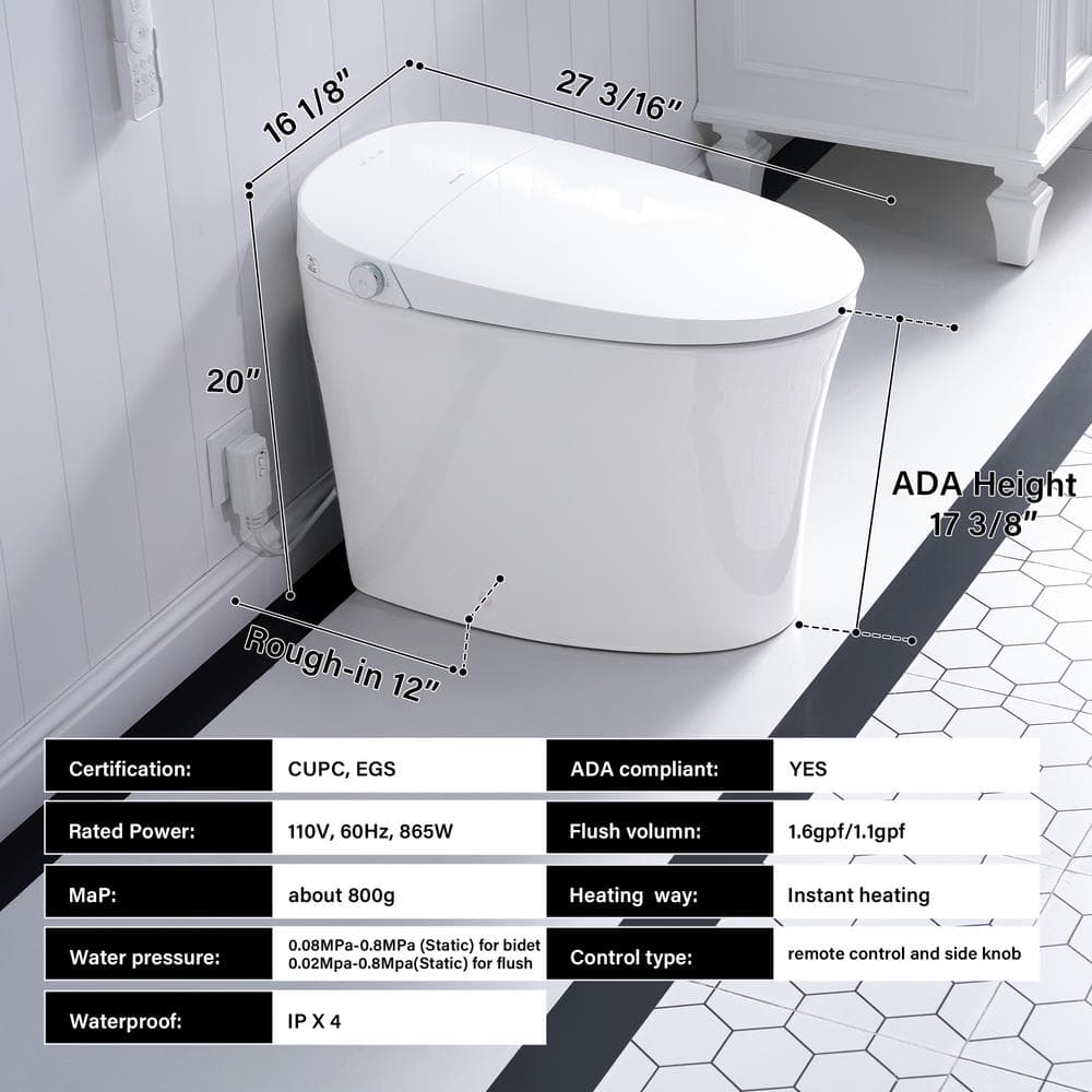 Unbranded ADA Compliant Smart Bidet Toilet - Dual Flush, Remote Control, White