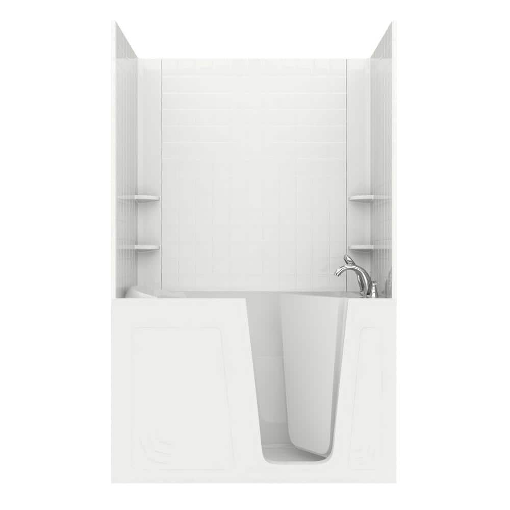 Universal Tubs Rampart 5 ft. Walk-in Whirlpool and Air Bathtub with 4 in. Tile Easy Up Adhesive Wall Surround in White