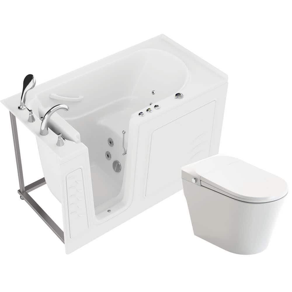 Universal Tubs HD Series 60 in. Left-Drain Walk-In Whirlpool Bathtub in White with 1.28 GPF Smart Toilet Combo