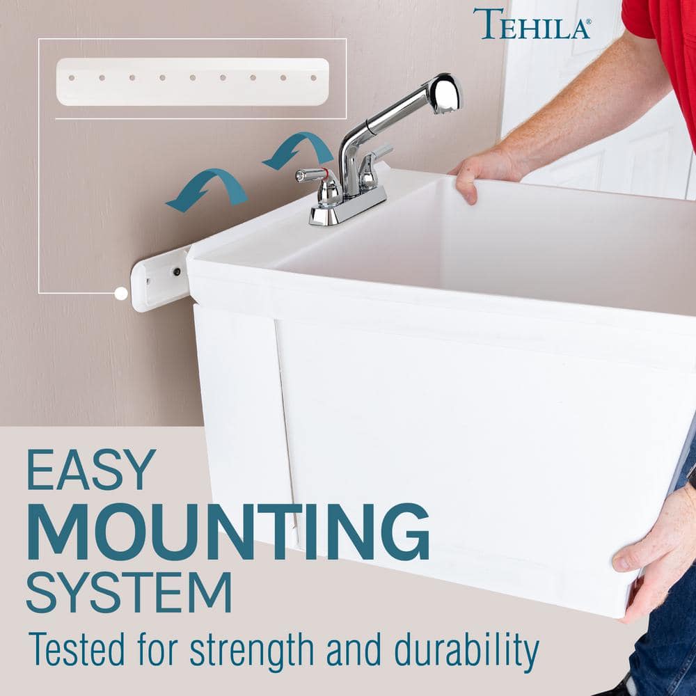 TEHILA 23.5 in. x 22.88 in. White Wall Mounted Utility Sink with Chrome Pull-out Sprayer