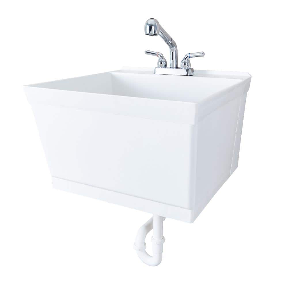 TEHILA 23.5 in. x 22.88 in. White Wall Mounted Utility Sink with Chrome Pull-out Sprayer