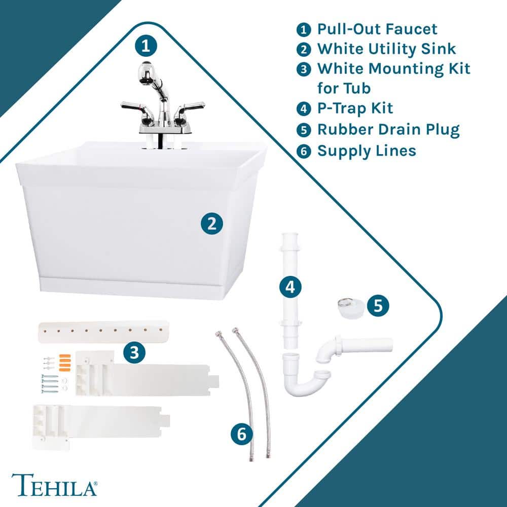 TEHILA 23.5 in. x 22.88 in. White Wall Mounted Utility Sink with Chrome Pull-out Sprayer
