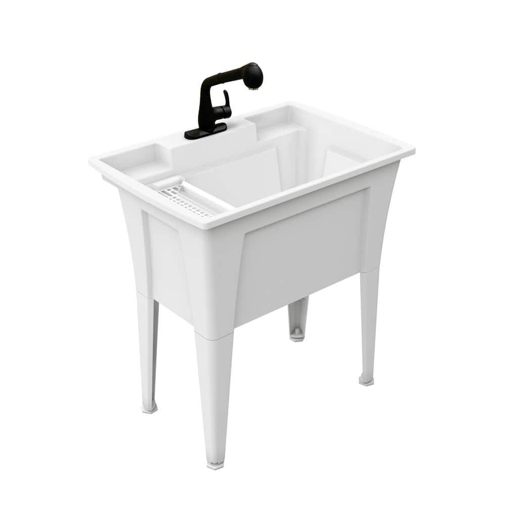 RUGGED TUB 32in. x 22in. Polyprop. White Freestanding Laundry/Utility Sink with 1-Handle Black Pullout Faucet and Installation Kit