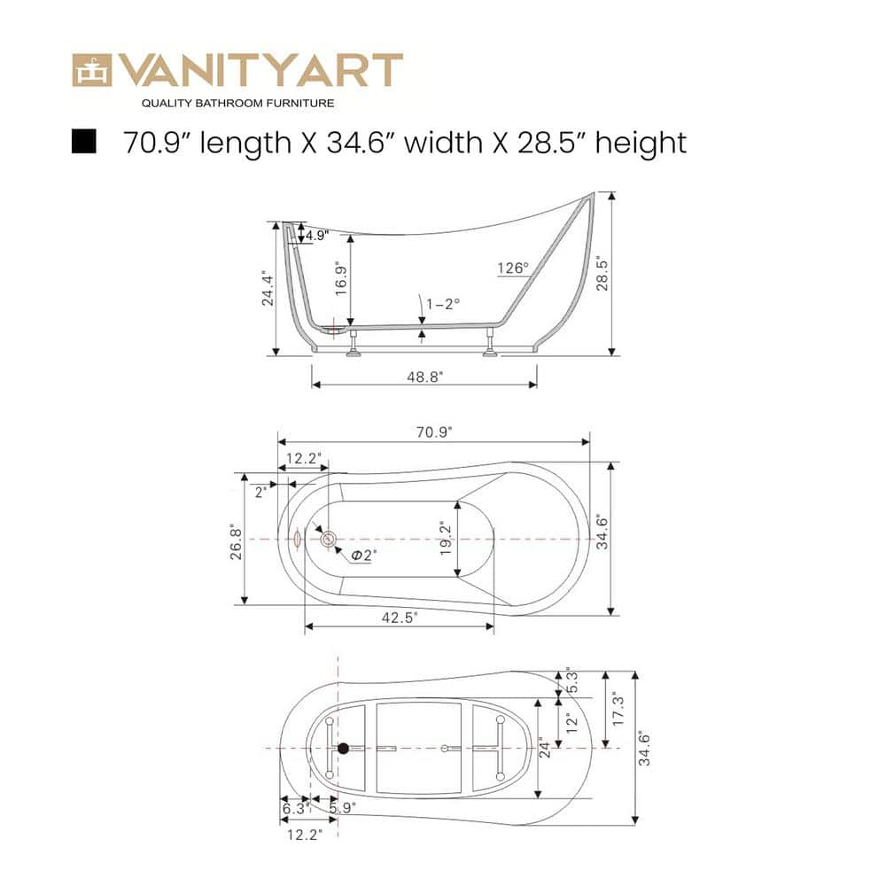 Vanity Art Belfort 71 in. Acrylic Flatbottom Freestanding Bathtub in White