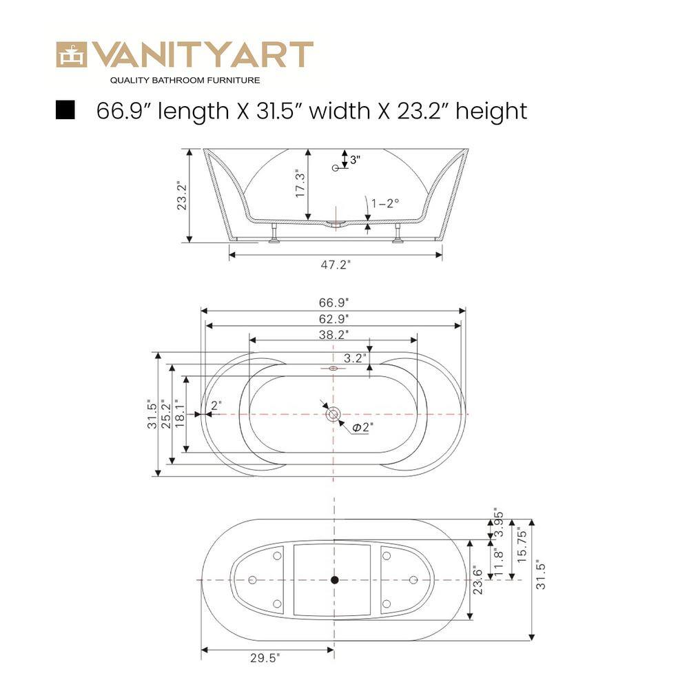 Vanity Art Beziers 67 in. Acrylic Flatbottom Freestanding Bathtub in White