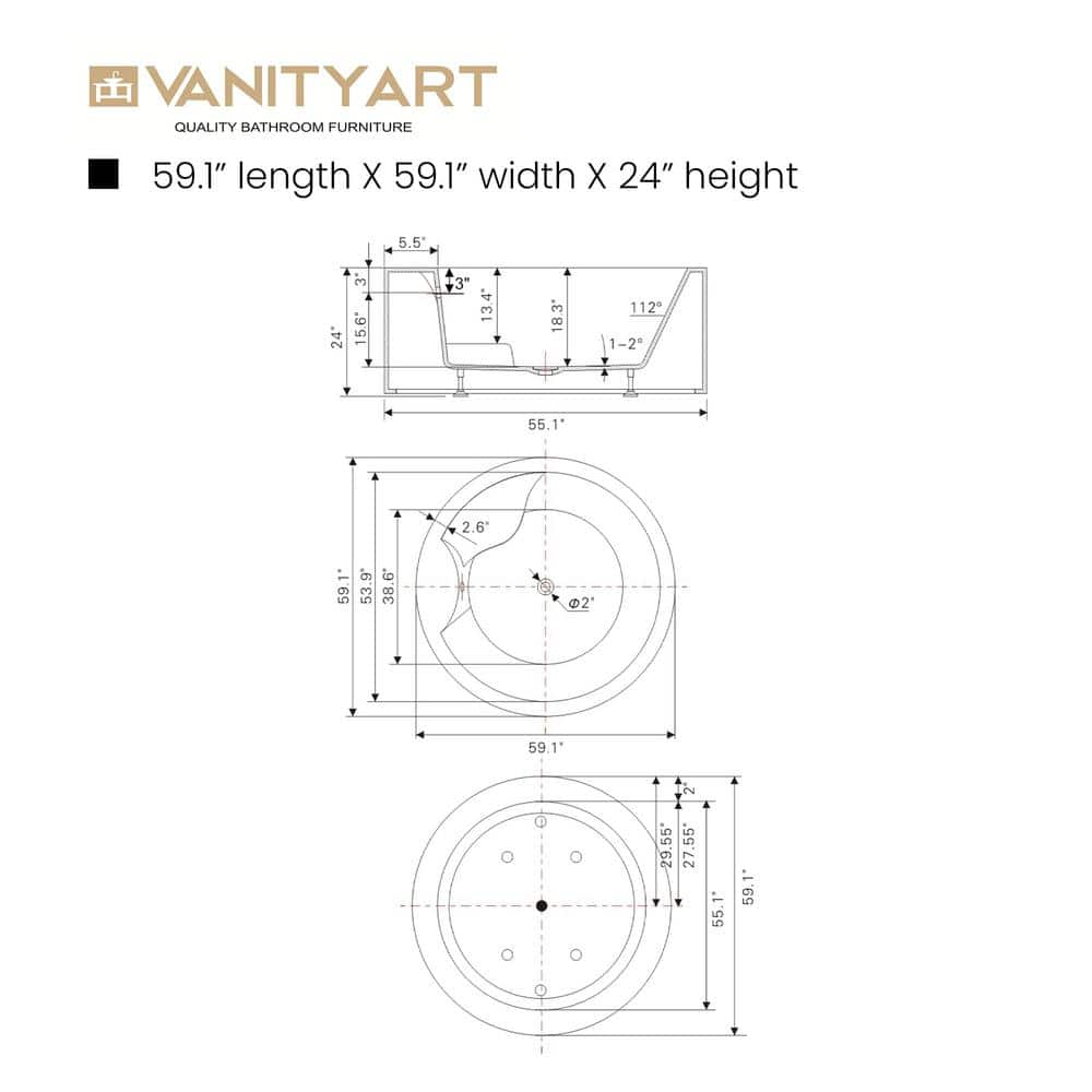 Vanity Art Troyes 59 in. Acrylic Flatbottom Freestanding Bathtub in White