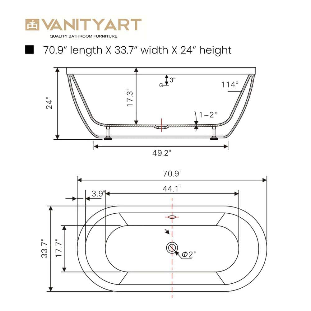 Vanity Art Rennes 71 in. Acrylic Flatbottom Center Bathtub in White