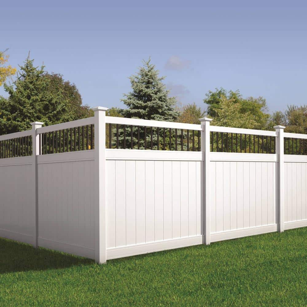 Veranda Pro Series 5 in. x 5 in. x 8 ft. White Vinyl Woodbridge Closed Picket Top Routed Corner Fence Post