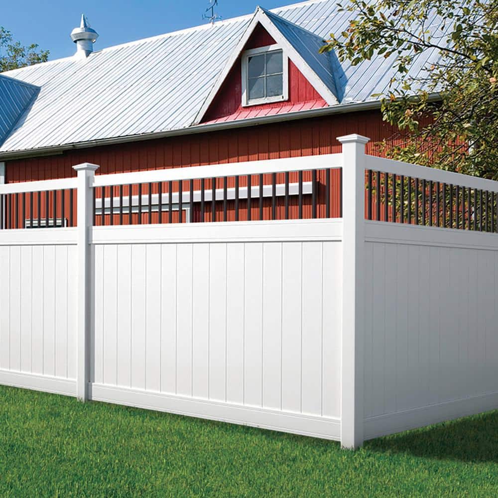 Veranda Pro Series 5 in. x 5 in. x 8 ft. White Vinyl Woodbridge Closed Picket Top Routed Corner Fence Post