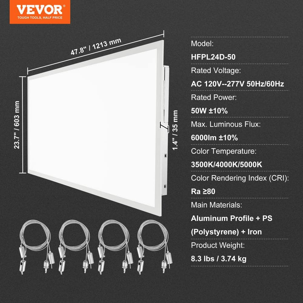 VEVOR LED Panel Light 47.8in. x 23.7in. 6000 Lumens Integrated LED Panel Light Cool White 3500/4000/5000K for Home Office