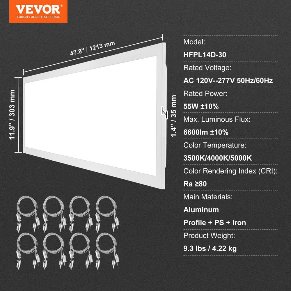 VEVOR 2 PCS 1 ft. x 4 ft. LED Flat Panel Light 6600LM 55 Watt LED Drop Ceiling Light 3500/4000/5000K for Home Office Classroom