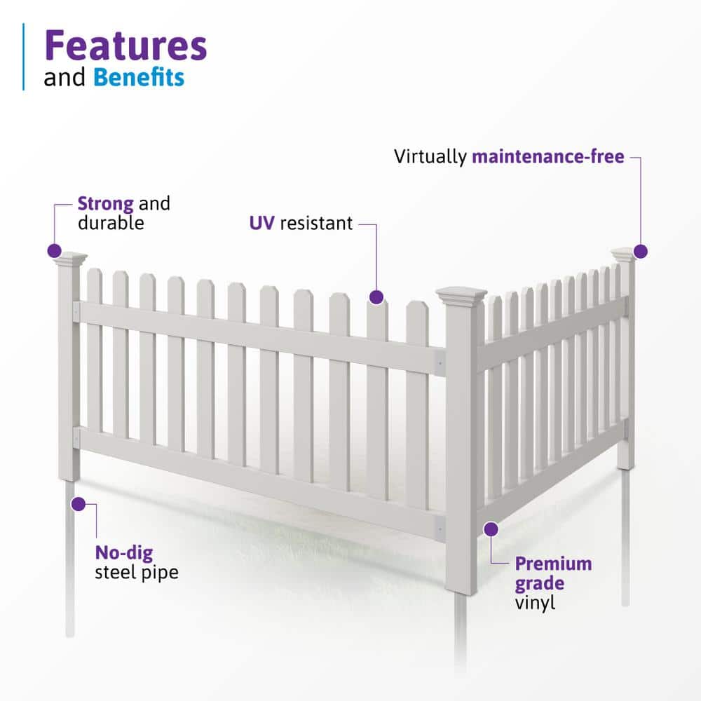 WamBam Fence 3 ft. x 6 ft. Newport Picket Vinyl Fence with No-Dig Steel Pipe Anchor Kit