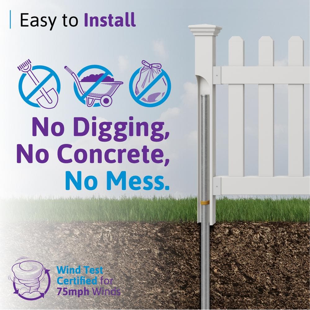 WamBam Fence 3 ft. x 6 ft. Newport Picket Vinyl Fence with No-Dig Steel Pipe Anchor Kit