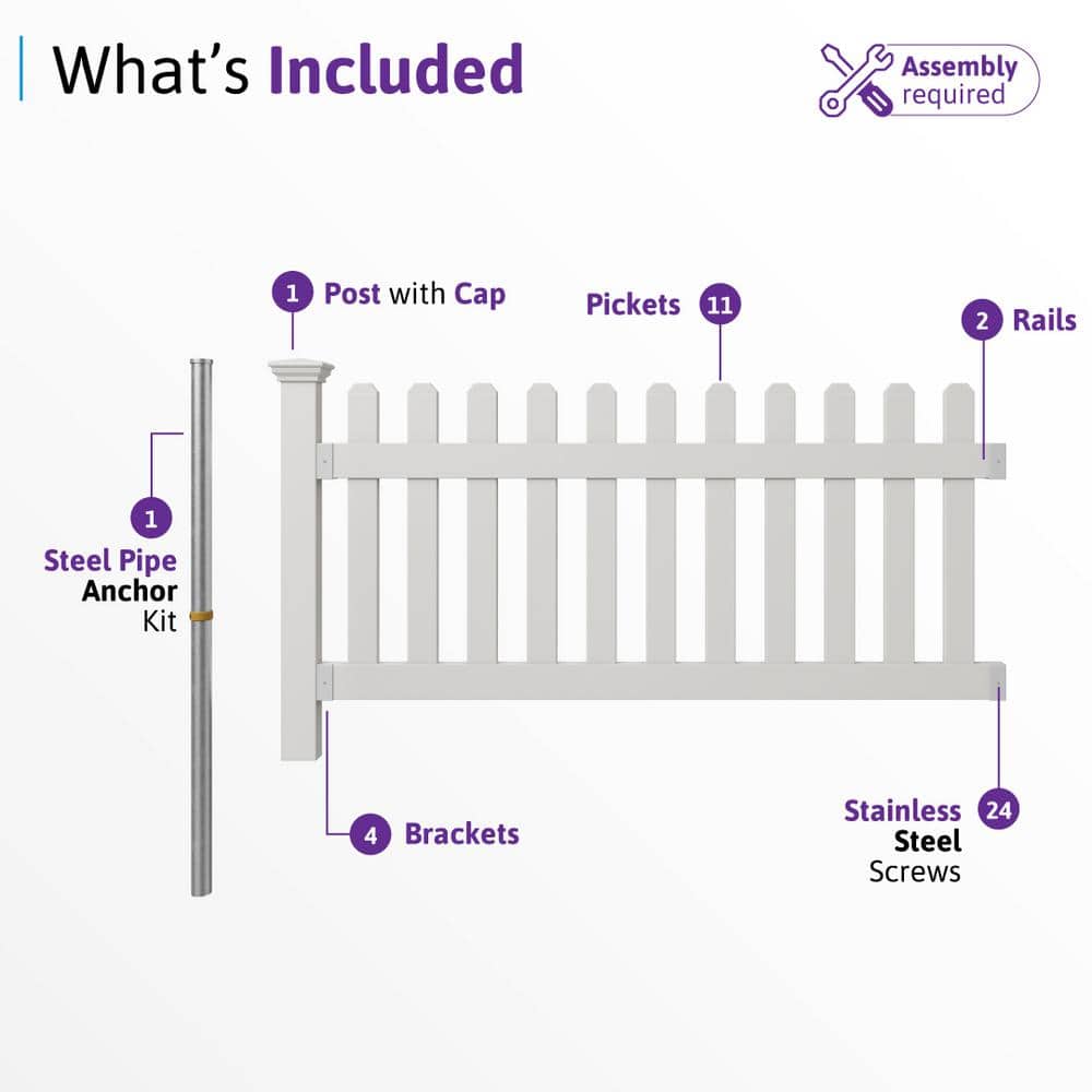 WamBam Fence 3 ft. x 6 ft. Newport Picket Vinyl Fence with No-Dig Steel Pipe Anchor Kit
