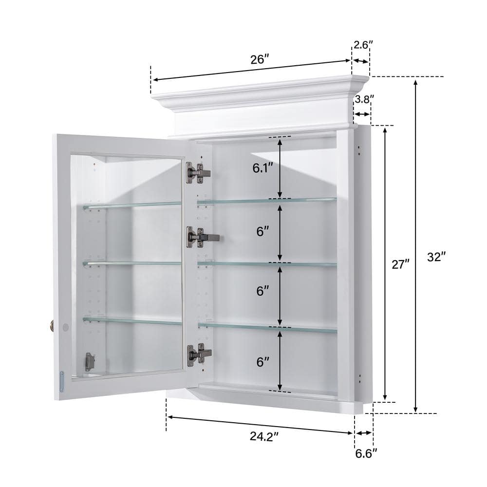 WELLFOR 26 in. W x 32 in. H Rectangular White Solid Wood Framed Recessed Mount Soft Close Door Medicine Cabinet with Mirror