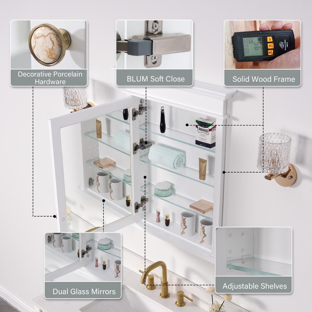 WELLFOR 26 in. W x 32 in. H Rectangular White Solid Wood Framed Recessed Mount Soft Close Door Medicine Cabinet with Mirror