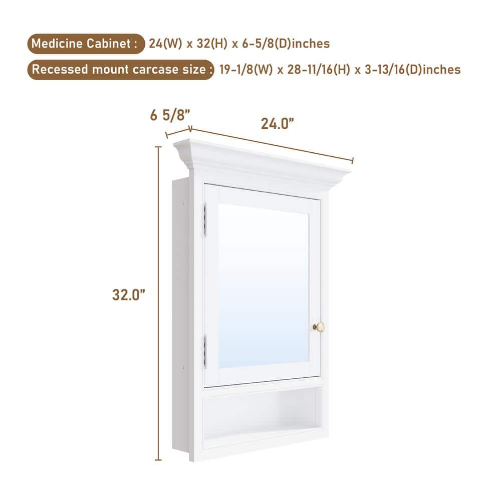 WELLFOR 24 in. W x 32 in. H Rectangular Recessed Solid Wood Bathroom Medicine Cabinet with Mirror, Bi-view Glass Magnetic Door