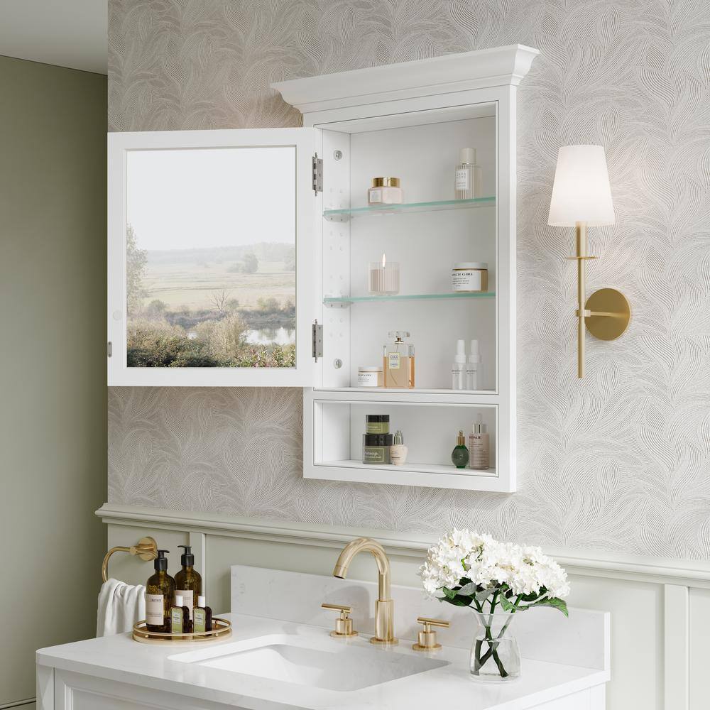 WELLFOR 24 in. W x 32 in. H Rectangular Recessed Solid Wood Bathroom Medicine Cabinet with Mirror, Bi-view Glass Magnetic Door