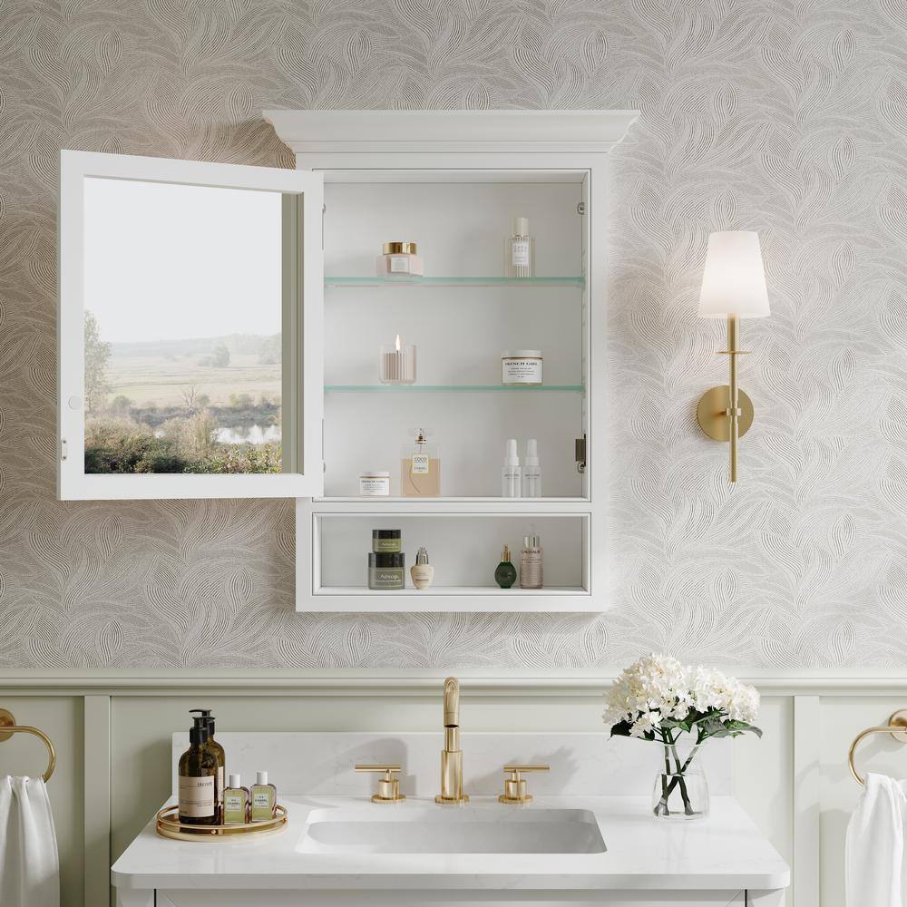 WELLFOR 24 in. W x 32 in. H Rectangular Recessed Solid Wood Bathroom Medicine Cabinet with Mirror, Bi-view Glass Magnetic Door