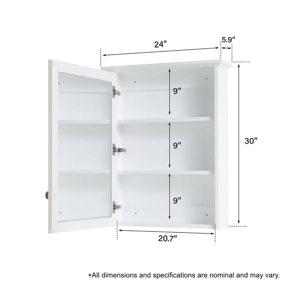 WELLFOR 24 in. W x 30 in. H Medium Rectangular White Wood Frame Surface Mount Medicine Cabinet with Mirror