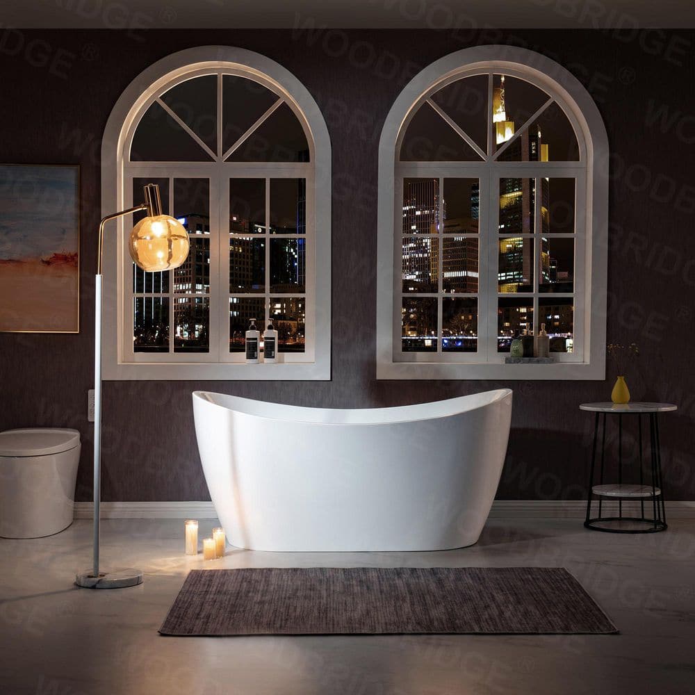 WOODBRIDGE Springston 59 in. Acrylic FlatBottom Double Slipper Bathtub with Brushed Gold Overflow and Drain, White