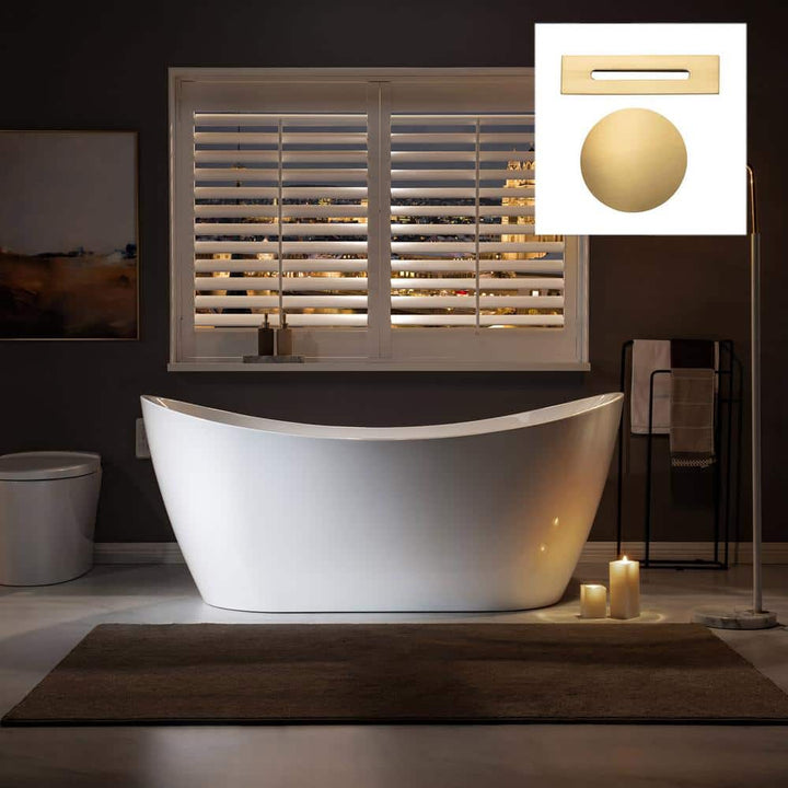 WOODBRIDGE ROYAN 67 in. Acrylic Freestanding Double Slipper Soaking Bathtub, White with Brushed Gold Drain