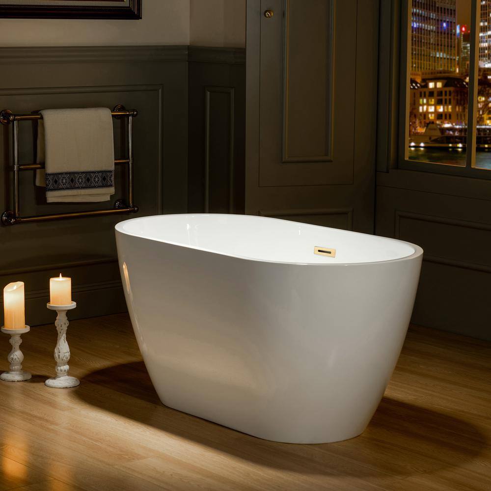 WOODBRIDGE 48 in. Acrylic Flatbottom Freestanding Bathtub in White with Brushed Gold Drain and Overflow