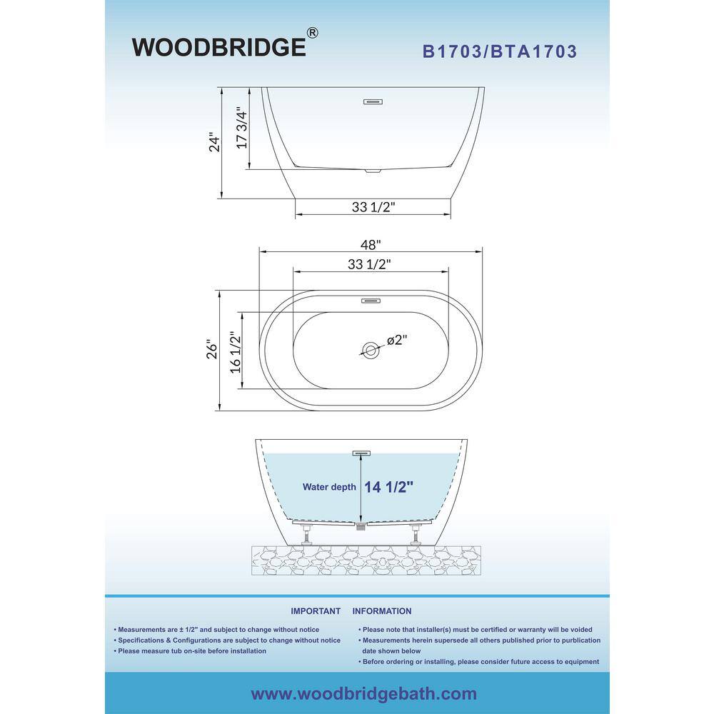 WOODBRIDGE 48 in. Acrylic Flatbottom Freestanding Bathtub in White with Brushed Gold Drain and Overflow