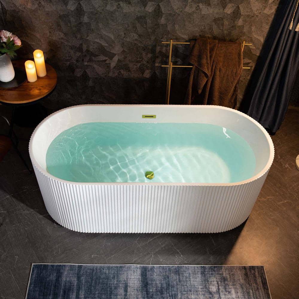 WOODBRIDGE Gee 67 in. x 31.5 in. Acrylic Flat Bottom Soaking Bathtub, Center Drain & Overflow, White with Brushed Gold