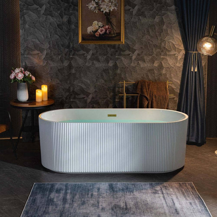 WOODBRIDGE Gee 67 in. x 31.5 in. Acrylic Flat Bottom Soaking Bathtub, Center Drain & Overflow, White with Brushed Gold