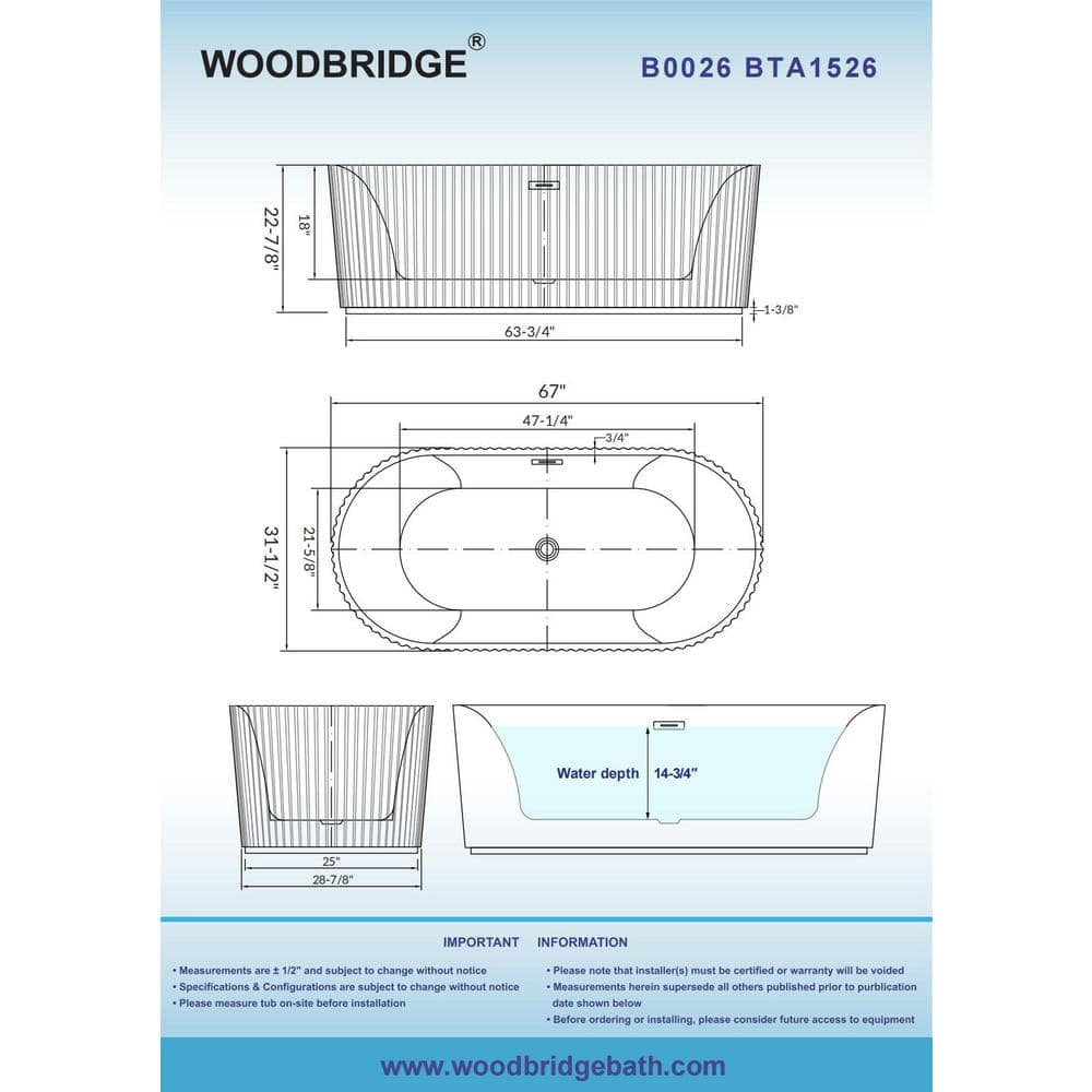 WOODBRIDGE Gee 67 in. x 31.5 in. Acrylic Flat Bottom Soaking Bathtub, Center Drain & Overflow, White with Brushed Gold