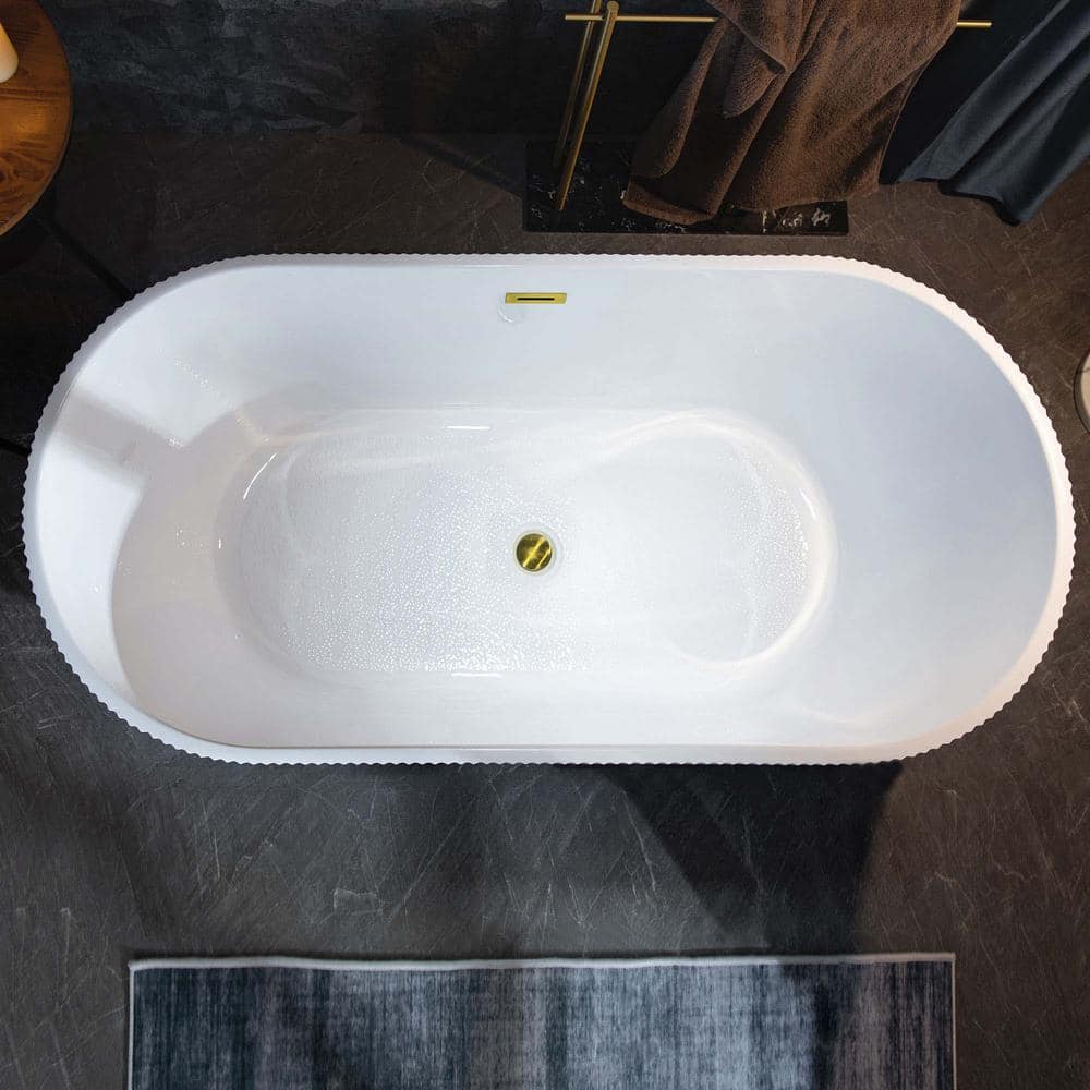 WOODBRIDGE Gee 67 in. x 31.5 in. Acrylic Flat Bottom Soaking Bathtub, Center Drain & Overflow, White with Brushed Gold