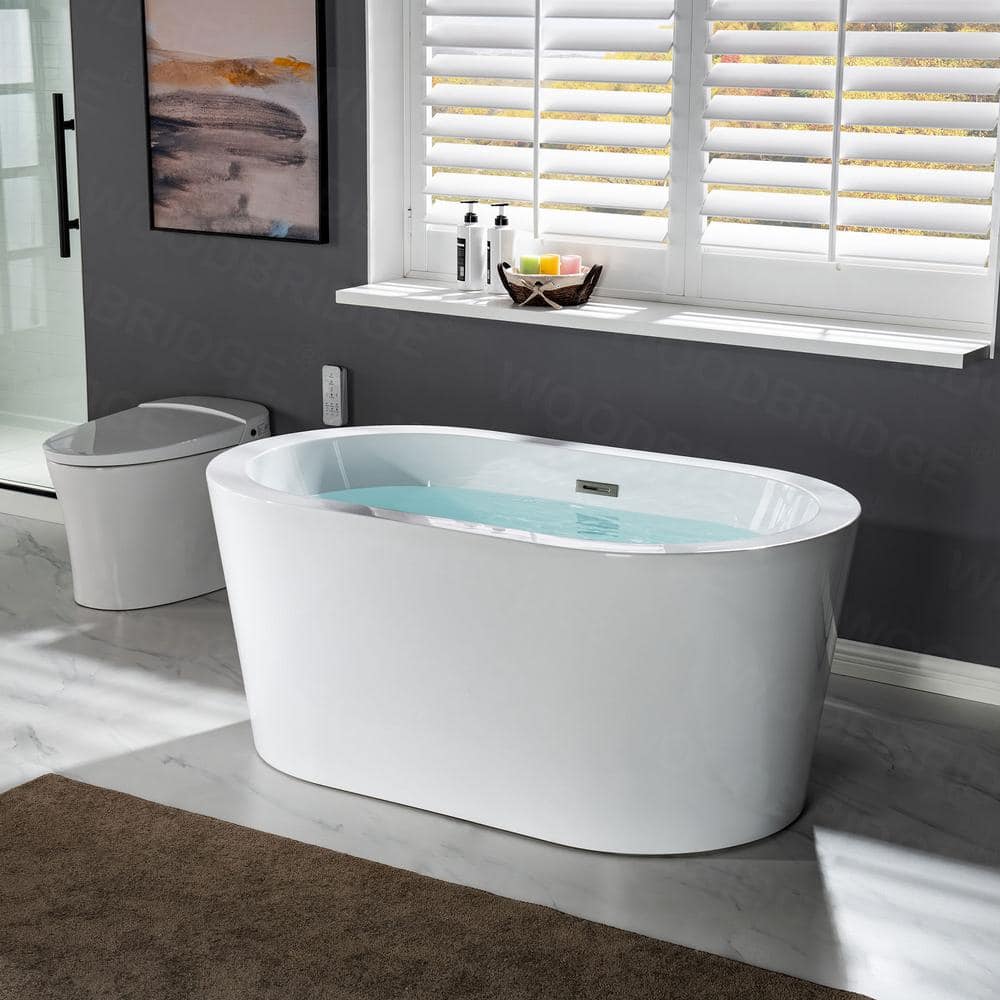 WOODBRIDGE Bloomfield 56 in. Acrylic Freestanding Double-Ended Soaking Bathtub with Drain and Overflow Included, White