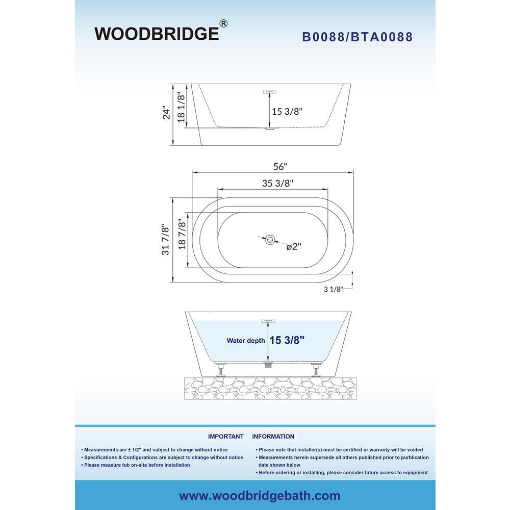 WOODBRIDGE Bloomfield 56 in. Acrylic Freestanding Double-Ended Soaking Bathtub with Drain and Overflow Included, White