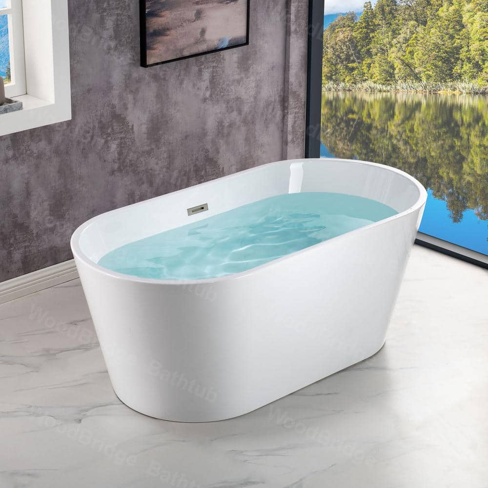 Belleville 54 in. Acrylic FlatBottom Double Ended Bathtub with Brushed Nickel Overflow and Drain Included in White