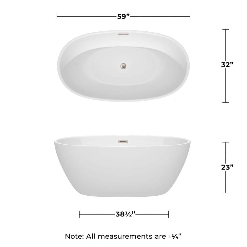 Wyndham Collection Juno 4.9 ft Acrylic Freestanding Bathtub in White with Brushed Nickel Trim