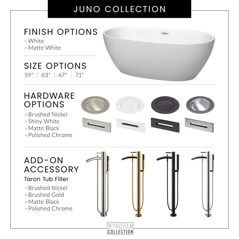 Wyndham Collection Juno 4.9 ft Acrylic Freestanding Bathtub in White with Brushed Nickel Trim