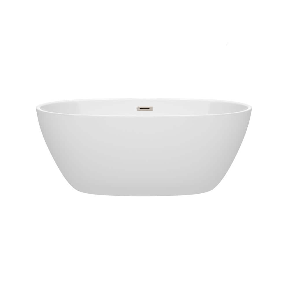 Wyndham Collection Juno 4.9 ft Acrylic Freestanding Bathtub in White with Brushed Nickel Trim