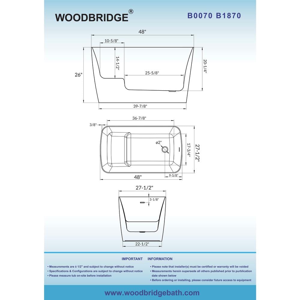 WOODBRIDGE Cube 48 in. x 27.5 in. Acrylic Flat Bottom Soaking Bathtub with Reversible Drain in White with Brushed Nickel