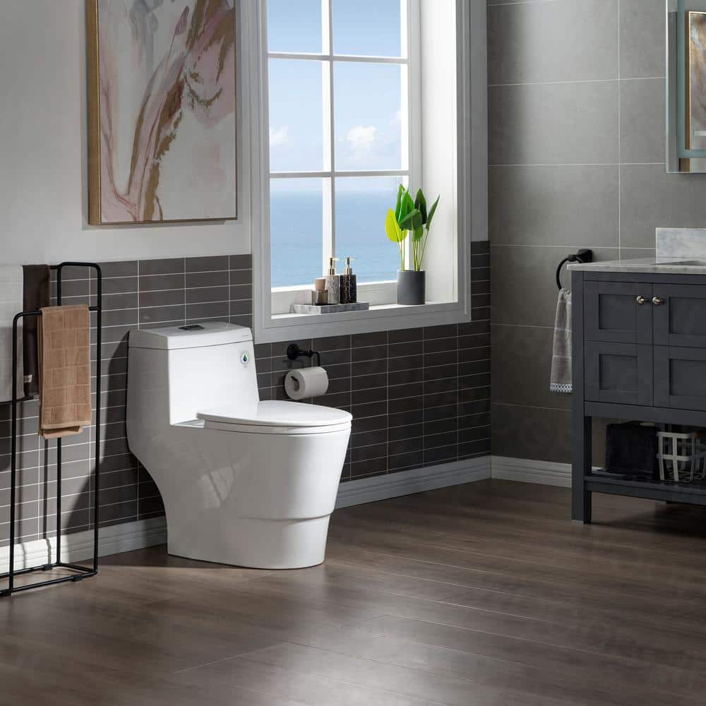 WOODBRIDGE Everette 1‑Piece Dual Flush Elongated Toilet, 1.28 GPF, White with Matte Black Button, MaP 1000 g, Seat Included