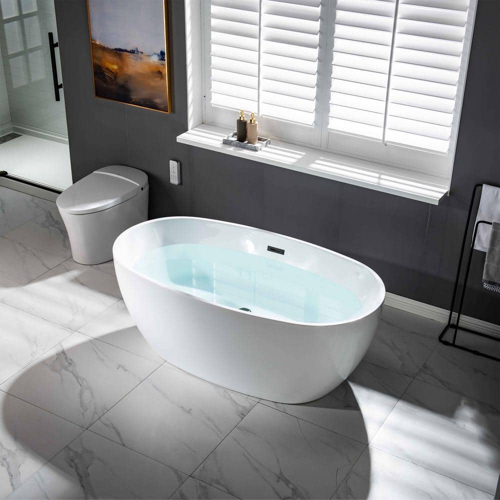 Laon 59 in. Acrylic FlatBottom Double Ended Bathtub with Matte Black Overflow and Drain Included in White