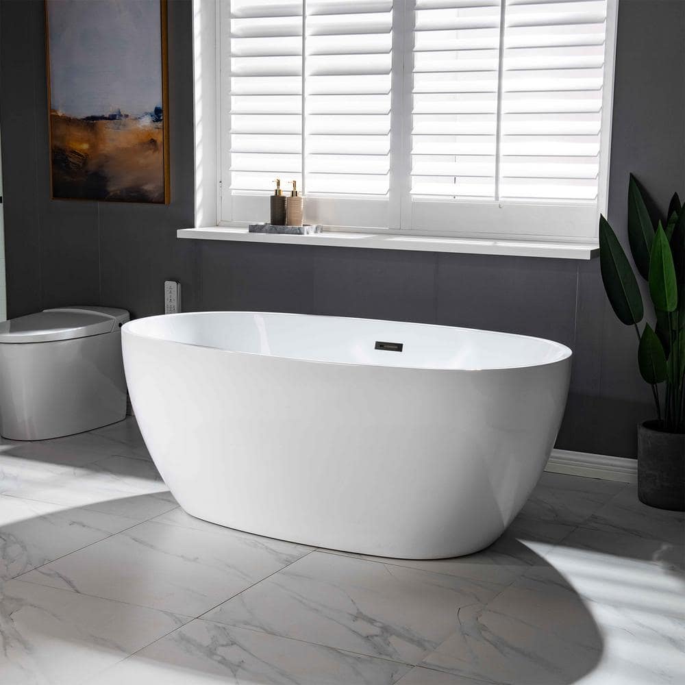 Laon 59 in. Acrylic FlatBottom Double Ended Bathtub with Matte Black Overflow and Drain Included in White