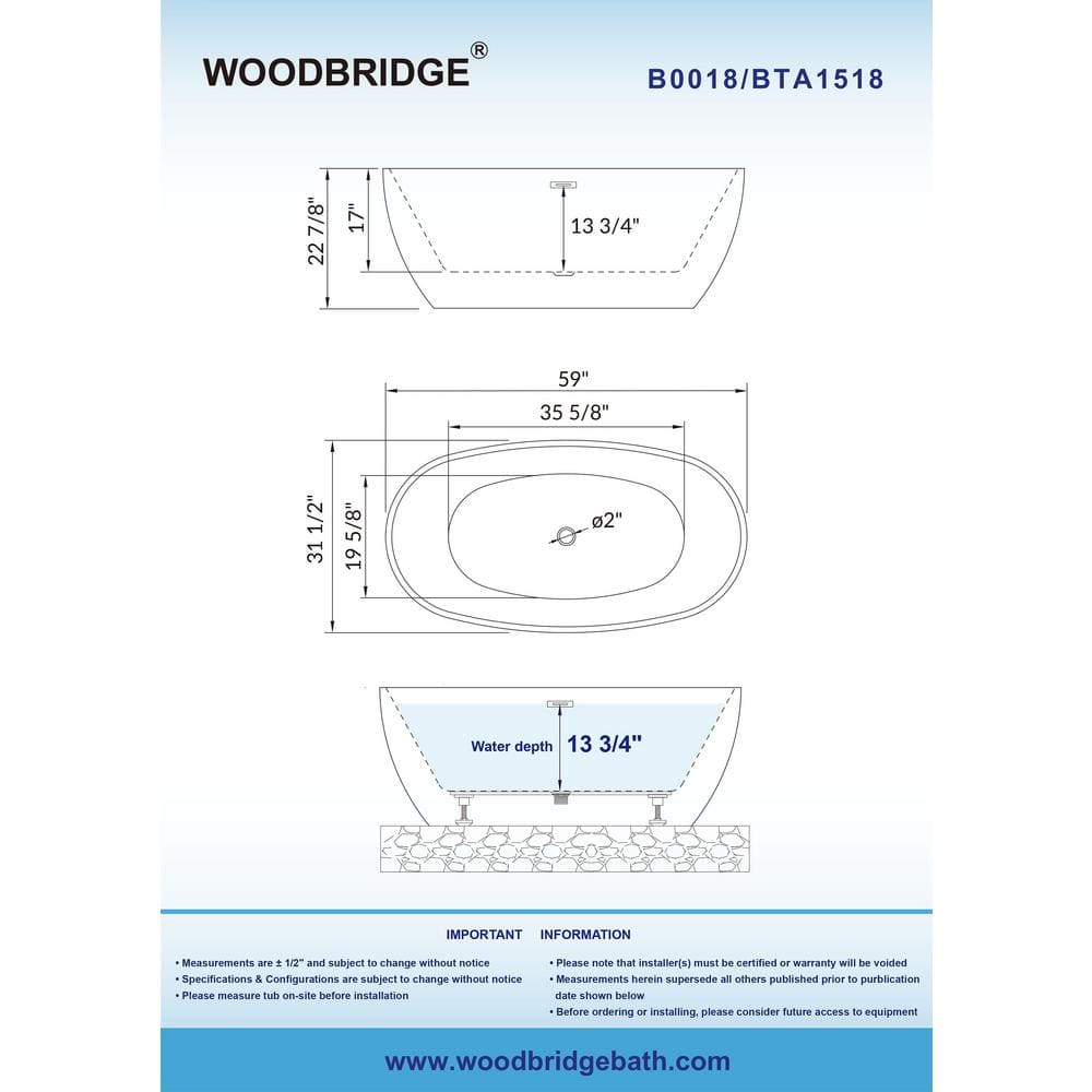 Laon 59 in. Acrylic FlatBottom Double Ended Bathtub with Matte Black Overflow and Drain Included in White