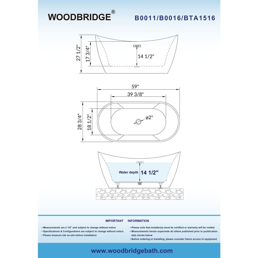 WOODBRIDGE Cincinati 59 in. Acrylic FlatBottom Double Slipper Freestanding Bathtub with Matte Black Overflow & Drain, White