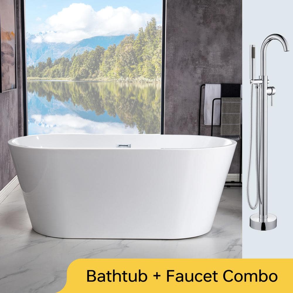 WOODBRIDGE 59 in. L x 29.5 in. W Acrylic Flat Bottom Soaking Bathtub in White with Polished Chrome Drain and Tub Filler
