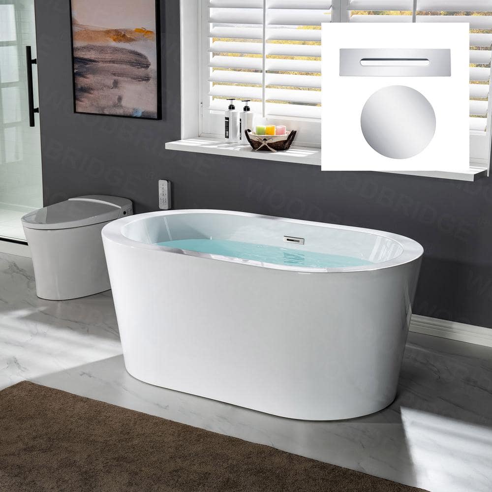 WOODBRIDGE Bridgewater 56 in. Acrylic Freestanding Double-Ended Soaking Bathtub with Drain and Overflow Included, White
